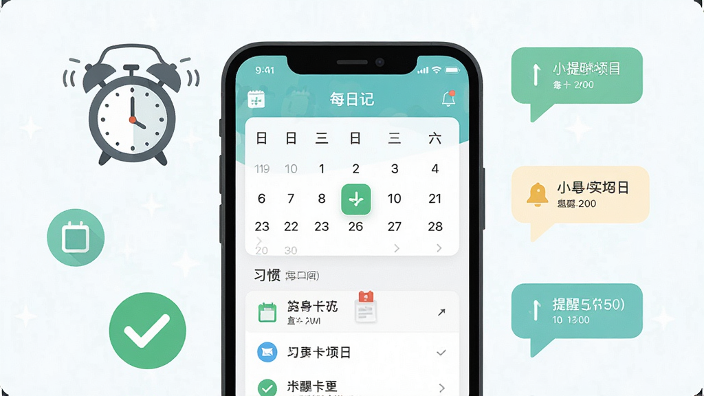 һ�š�ÿ�ռǡ�Ӧ��ϰ�ߴ������ѹ��ܵ�ʾ��ͼ������������һ���ֻ�����Ļ����ʾ��������ϰ���б�����Χ�����ӡ��Թ�ͼ����������ݣ��������ֻ����С�Ԫ�ػ��ƣ����Ϊ���±�ƽ����ƣ�ϸ�������ִ򿨼�¼������ʱ�䣬�����������ɾ����޶���Ԫ��