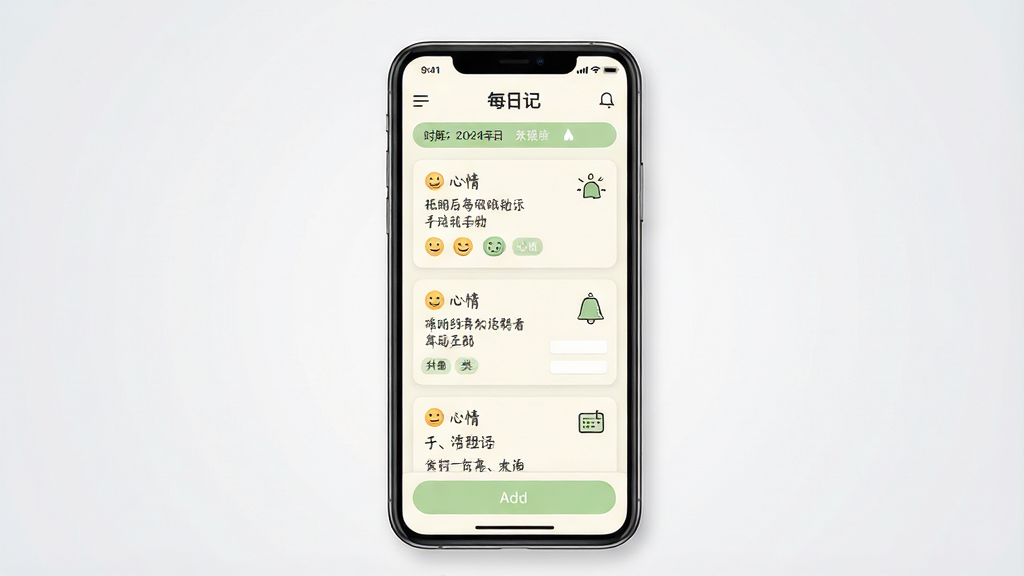 һ���ֻ�Ӧ�ý����չʾͼ������������һ�����������ֻ����ֻ���Ļ����ʾ�š�ÿ�ռǡ��ռǱ�Ӧ�õ������棬���沼�ְ������������������м���ռǿ�Ƭ�б��͵ײ������Ӱ�ť����Ƭ������д�����ֺͼ�Լͼ�꣬��������װ�ɫ��ǳ��ɫ�����������ɫ������Ϊ�ɾ���ǳ�ҽ��䣬���Ϊ��ƽ��UI��ƣ�ϸ���������ռ���Ŀ���������ͷ����ǩ�������������ɾ����޶���Ԫ��