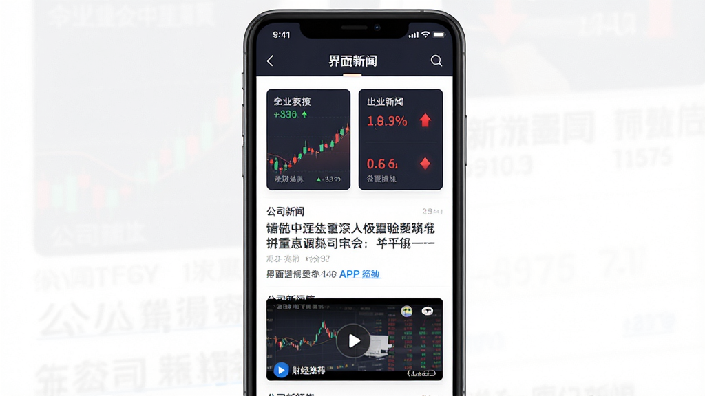 一张展示界面新闻APP首页的竖版手机界面图,主体为一部现代智能手机,屏幕上显示着财经新闻资讯列表,包含股票行情卡片、公司新闻标题和财经视频推荐位,布局清晰,排版采用深色文字配白色背景,风格简洁专业,细节上带有红色涨跌箭头和蓝色链接文字,画质清晰锐利,画面干净无多余元素。
