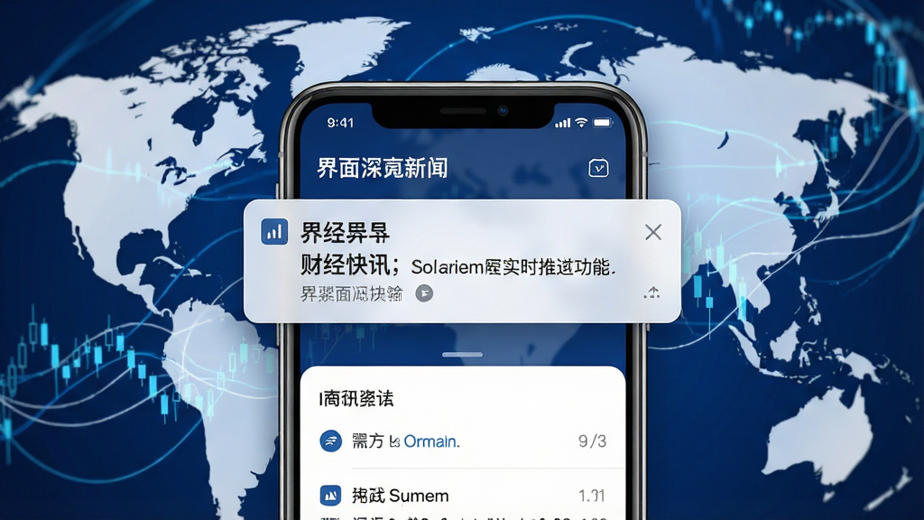 一张表现界面新闻实时推送功能的场景图,画面中央是一部手机,屏幕上方弹出财经快讯通知横幅,背景是抽象化的全球金融市场数据流动线条,主体突出、布局居中,排版采用手机界面与通知栏的写实风格,细节上通知文字清晰可辨,整体色调为深蓝与白色搭配,画质高清,画面干净无杂乱元素。
