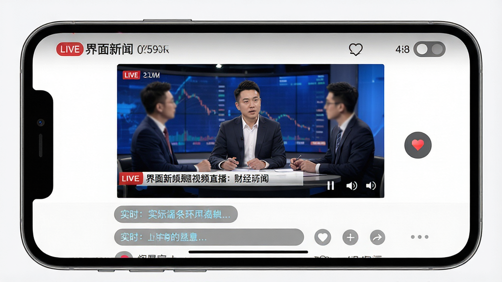 一张表现界面新闻视频直播功能的图片,主体为手机横屏播放界面,屏幕中显示财经直播节目现场,画面下方有实时评论滚动区域,布局为视频播放器居中、互动区居下,风格为现代流媒体播放界面,细节上带有直播标识和清晰度切换按钮,画质高清,画面干净无多余元素。