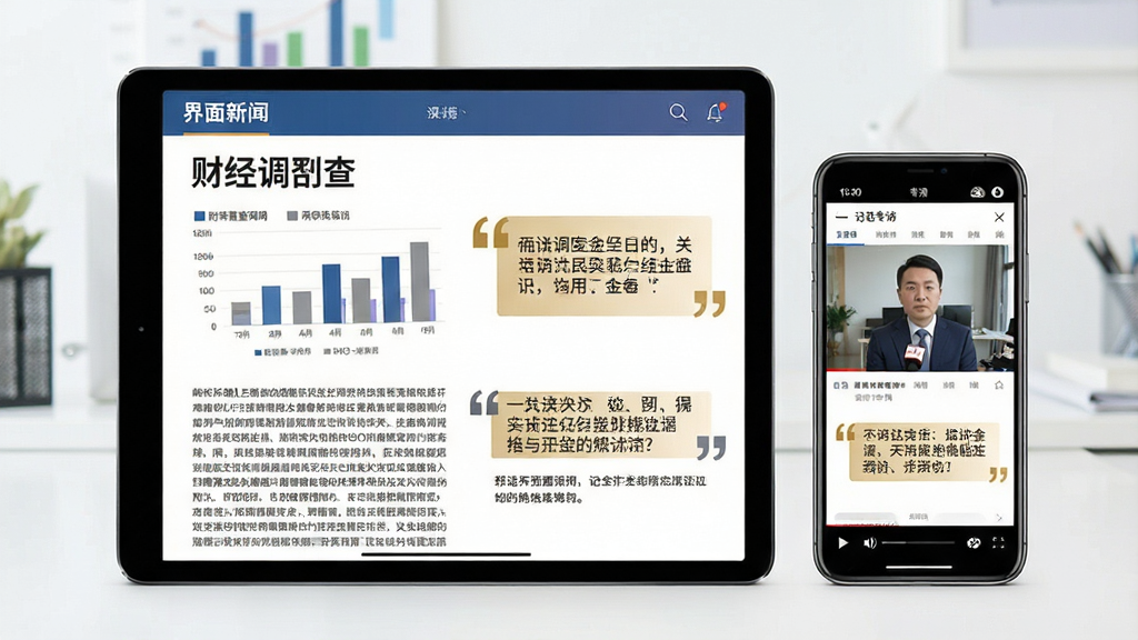 一张体现界面新闻深度报道栏目的图片,主体为一台平板电脑与一部手机并排展示,平板屏幕上呈现长篇财经调查报道的图文排版,手机屏幕显示记者专访的视频播放界面,布局左右分栏、层次分明,风格为现代商务资讯类视觉,细节上带有图表和引号标注的采访金句,画质清晰,画面干净整洁。