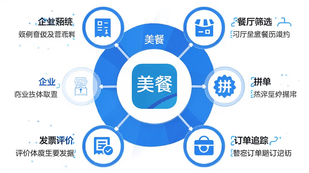 主体为一张信息图表风格的功能展示图,布局为中心向外辐射的圆形结构,中心为美餐App图标,四周环绕六个功能模块图标与文字说明,排版整齐有序,风格为现代简约商务风,细节包括企业账户、餐厅筛选、拼单、订单追踪、评价、发票等图标,色调以蓝白为主,画质清晰干净,画面中带有