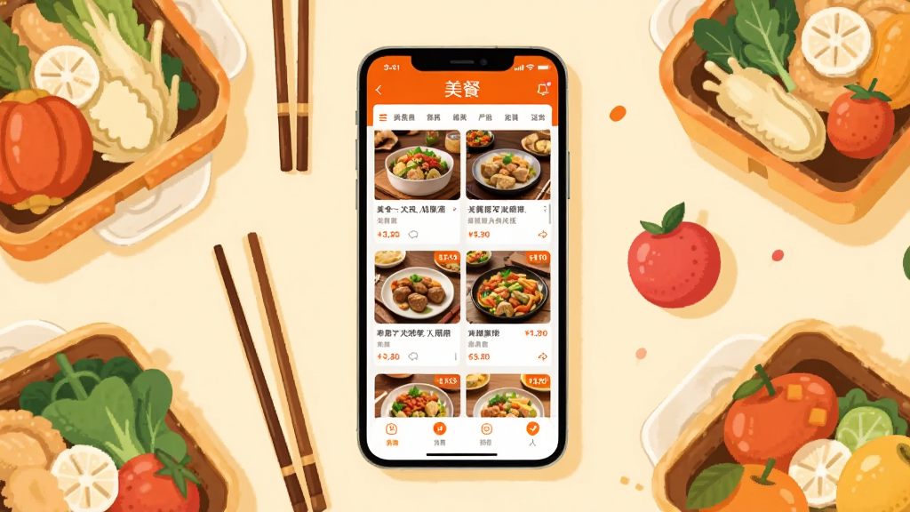 主体为一部智能手机,屏幕上显示美餐App的订餐首页界面,布局为手机居中放置,周围环绕着各式餐盒、筷子、蔬菜与水果等餐饮元素,排版采用扁平化插画风格,细节包括界面上的餐厅列表、菜品图片与价格标签,整体色调温暖清新,画质清晰干净,无多余元素,画面中带有