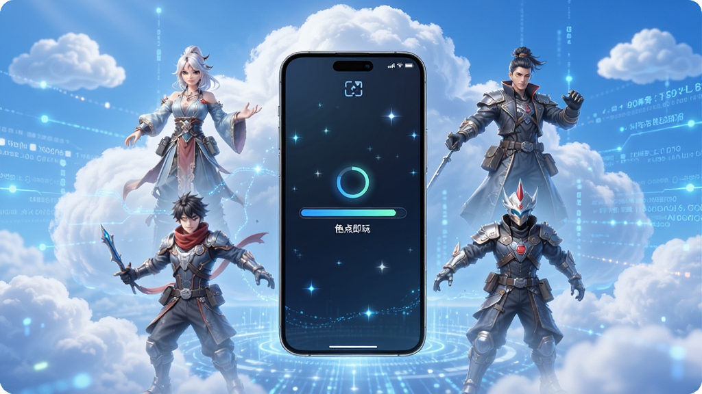 腾讯先锋云游戏免下载畅玩概念图,画面中央一部手机周围环绕多个游戏角色虚影,手机屏幕显示加载进度条瞬间完成,背景为云朵与数据流交织的科技场景,风格明亮清新,细节突出即点即玩的便捷感,画质高清干净