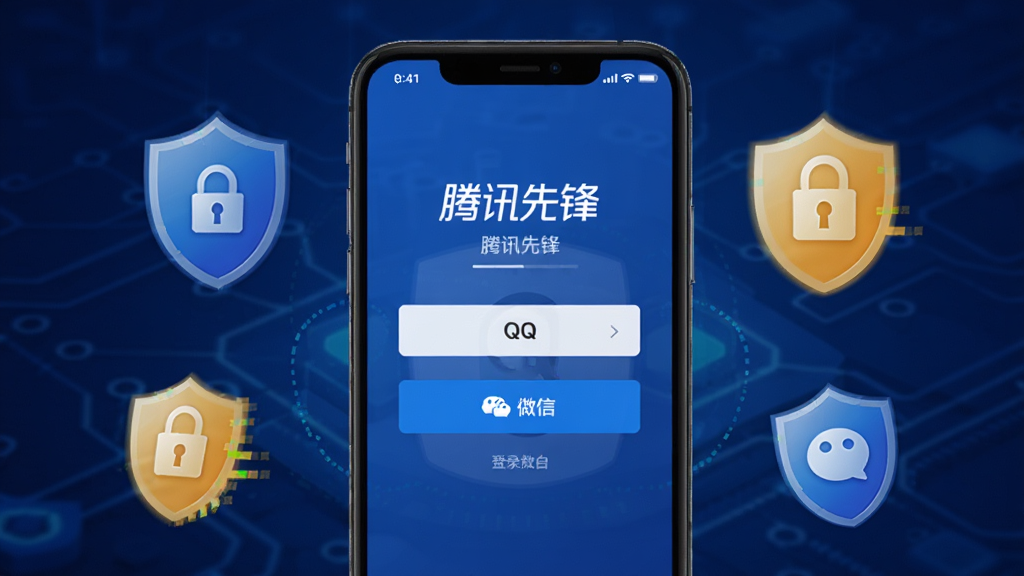 腾讯先锋账号安全登录界面示意图,画面展示手机屏幕上的QQ与微信登录选项,周围环绕盾牌和锁形安全图标,背景为深蓝色科技感渐变,风格简洁商务,细节清晰,画质干净无多余元素