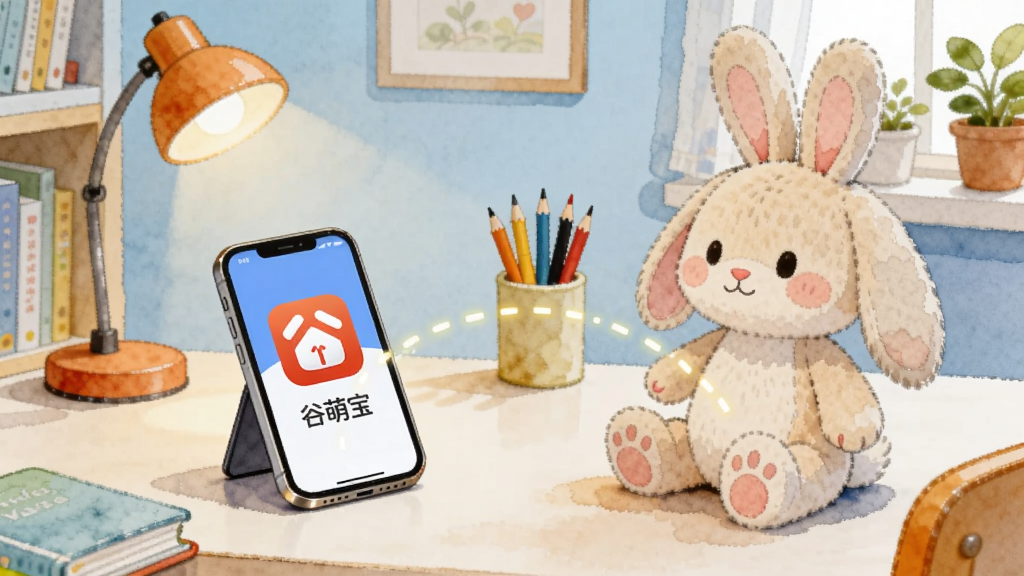 一只毛绒玩具兔子坐在儿童书桌上,旁边放着打开谷萌宝应用的手机,手机屏幕与玩具之间用一条发光的虚线连接,代表正在配对,背景是浅蓝色墙面和书架,布局采用左右对称构图,风格为清新水彩插画,细节包括桌上的小台灯、铅笔筒和窗外的绿植,画质柔和干净,无多余元素