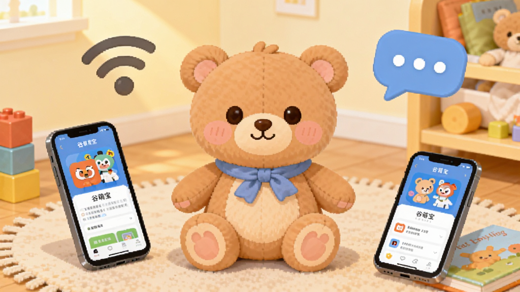 画面中央摆放一只可爱的毛绒玩具熊,周围环绕着智能手机、WiFi信号图标和对话气泡,背景是温馨的儿童房场景,布局采用中心构图,玩具位于视觉焦点,手机屏幕显示谷萌宝应用界面,整体风格为卡通扁平化插画,细节包括柔和的暖色调灯光、地毯上的积木和绘本,画质清晰干净,无多余元素