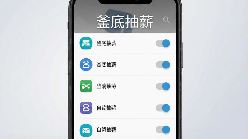 一张展示安卓手机自启管理列表的界面示意图,画面以手机正面为主,屏幕中列出多个应用名称与开关按钮,背景为柔和浅灰渐变,风格清爽简约,布局居中,细节清晰,画质高清,干净无多余元素,界面顶部带文字
