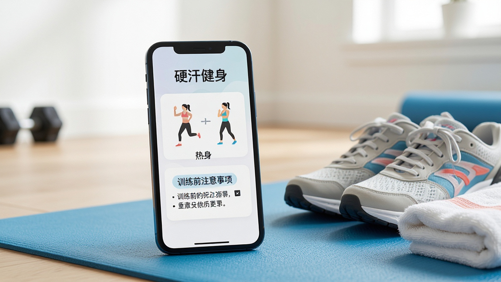 一张展示手机健身应用新手引导界面的图片,画面中一部手机竖屏展示,屏幕上显示