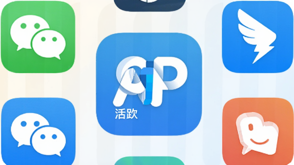 一张展示多款手机应用图标的图片,画面中央是活跃客APP图标,周围环绕着微信、企业微信、钉钉等图标,布局呈放射状,风格为扁平化设计,细节清晰,背景为浅色渐变,画质干净无多余元素