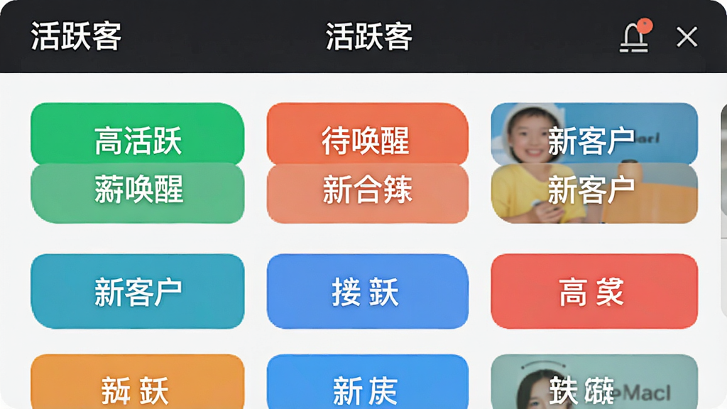 一张展示标签管理界面的图片,画面中央是活跃客APP的标签编辑页面,顶部有“活跃客”名称,页面中分布着多个彩色标签如“高活跃”“待唤醒”“新客户”等,布局整齐,风格为简约卡片式设计,细节清晰,画质干净无多余元素