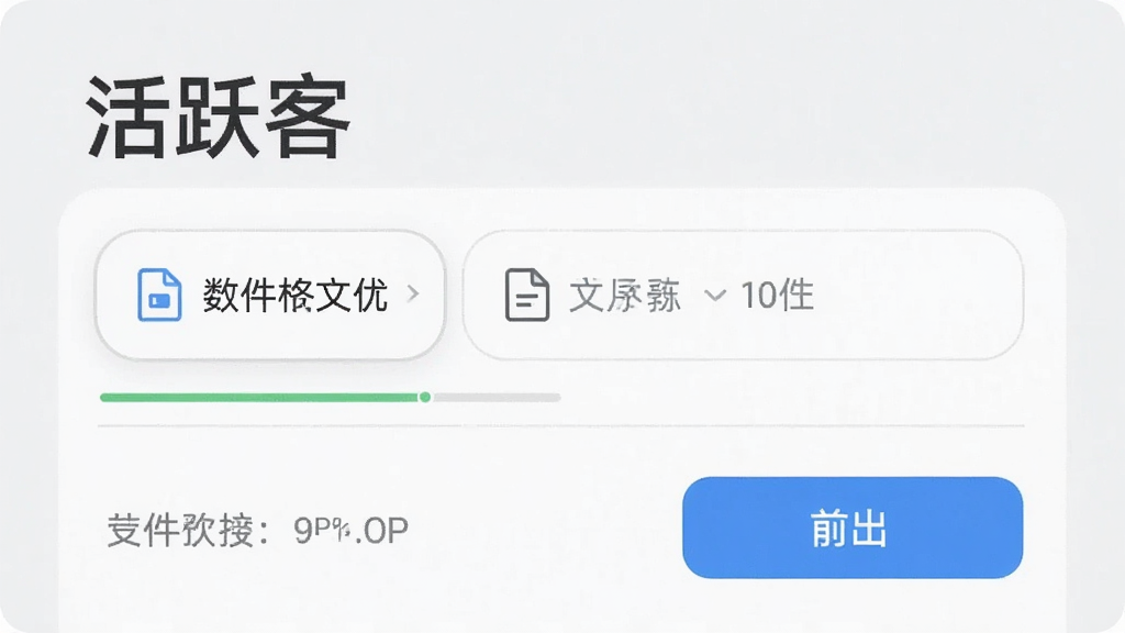 一张展示数据导出功能的图片,画面中活跃客APP的导出界面显示“活跃客”标题,下方有文件格式选项和导出按钮,背景为浅灰色,风格为极简工具类UI,细节包含进度提示和文件图标,画质清晰干净