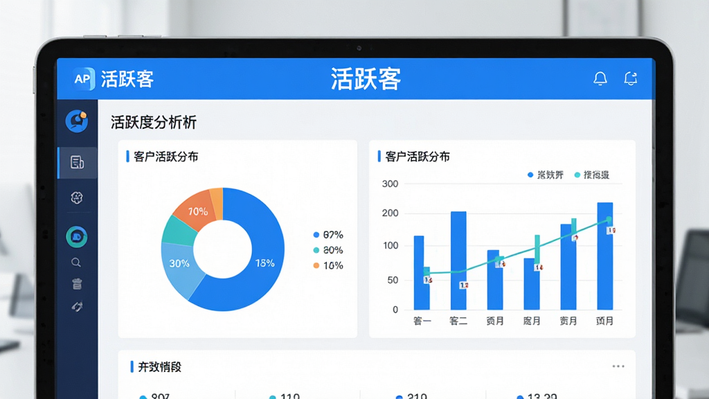 一张展示数据看板的图片,画面中央是活跃客APP的活跃度分析页面,顶部有“活跃客”标识,页面中包含饼状图和柱状图展示客户活跃分布,配色以蓝白为主,风格为现代商务扁平化,细节清晰,画质干净无多余元素