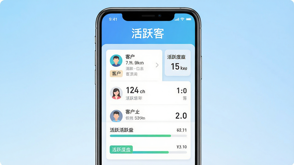 一张展示手机屏幕的图片,屏幕中央是活跃客APP的主界面,界面顶部显示“活跃客”三个字,下方有客户列表和活跃度标签,整体布局简洁清晰,背景为浅蓝色渐变,风格为扁平化UI设计,细节包含图标、数据卡片和进度条,画质清晰干净,无多余元素
