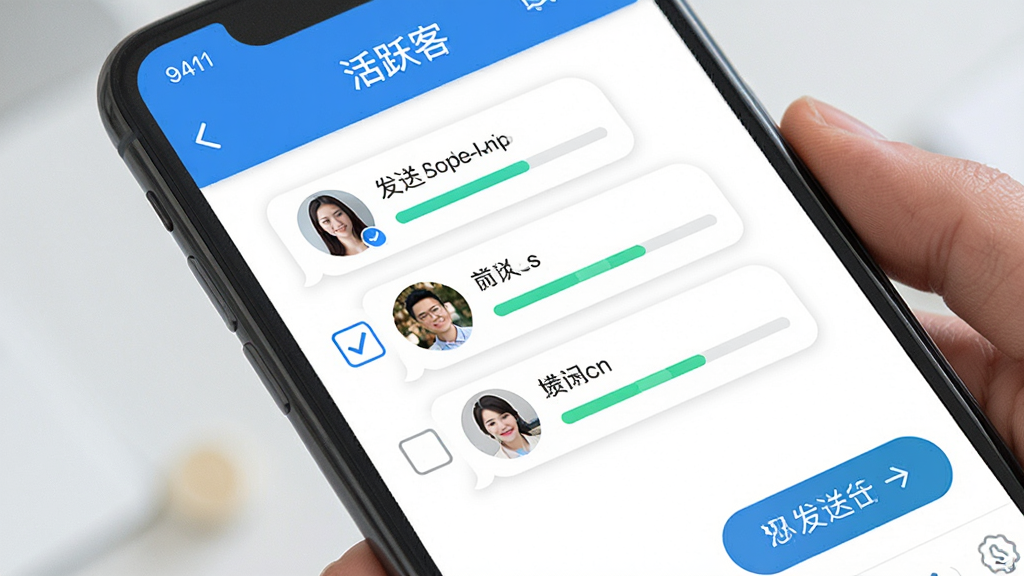 一张展示手机聊天界面的图片,画面中活跃客APP正在执行批量消息发送操作,屏幕上方显示“活跃客”字样,下方有多个客户头像和发送进度条,风格为清爽的移动端UI设计,细节包含勾选框和发送按钮,画质清晰干净