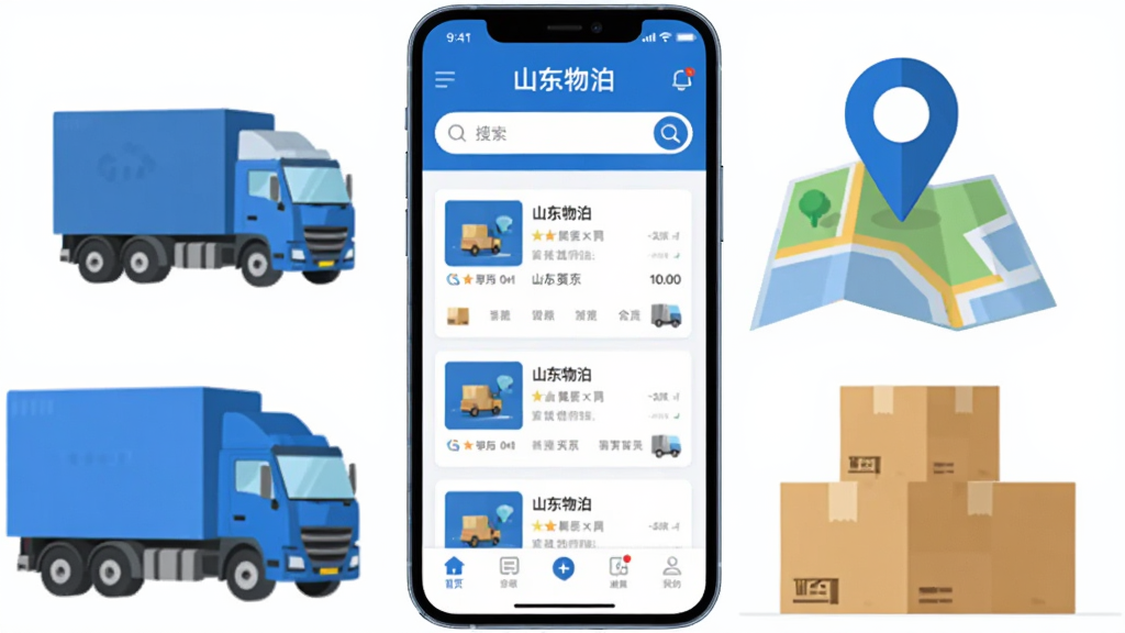 画面中央展示一部智能手机,手机屏幕显示“山东物泊”应用主界面,界面布局清晰,上方是搜索框,中间是货源列表卡片,下方是导航栏。手机周围环绕着货车、地图定位图标、货物纸箱等物流元素。整体风格为扁平化科技风,色彩以蓝色和白色为主,干净明亮,画质高清,无多余杂乱元素。
