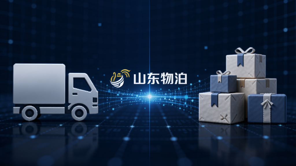 画面采用左右分割布局,左侧是一辆货车图标,右侧是一堆货物图标,中间由一道发光的蓝色数据流连接,数据流上漂浮着“山东物泊”的Logo。背景是抽象的数字网格,风格简洁商务,色彩以深蓝和银灰为主,画质锐利,干净利落。