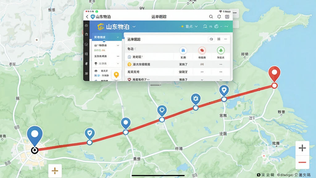 画面展示一张带有定位标记的电子地图,地图上有一条从起点到终点的红色运输路线,路线上有多个节点图标。地图上方悬浮着“山东物泊”应用界面截图,显示运单跟踪页面。风格为写实地图风,色彩以浅绿、浅蓝和白色为主,画质细腻,布局清晰,无多余文字。