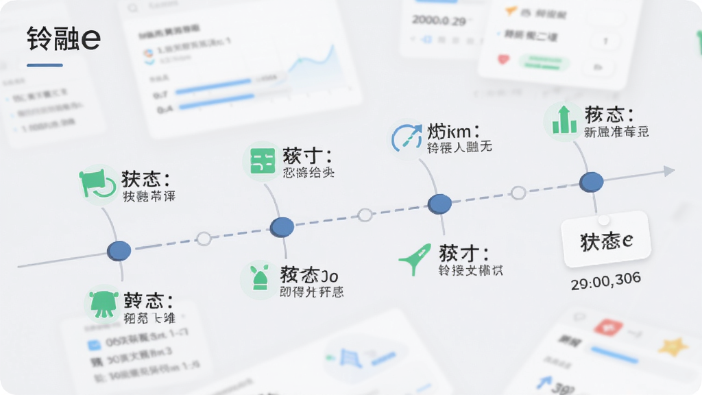 画面展示“铃融e”应用的进度追踪页面,时间轴形式展示业务处理节点,每个节点配有状态图标和文字说明,背景为浅灰色,风格商务简洁,细节清晰,画质干净,无多余元素,高清渲染