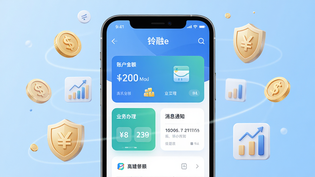 画面中央展示一部智能手机,手机屏幕上显示“铃融e”应用主界面,界面包含账户余额、业务办理、消息通知等卡片式布局,背景为浅蓝色渐变,周围环绕金币、盾牌、图表等金融元素图标,整体风格简洁商务,细节清晰,画质干净,无多余元素,高清渲染