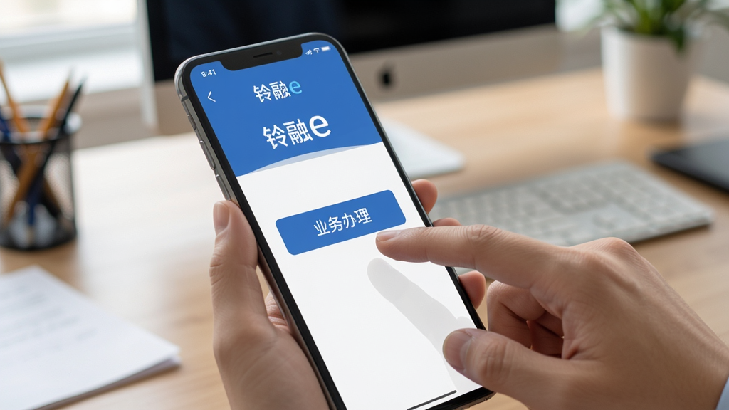 画面展示“铃融e”应用在手机上的操作界面,一只手正在点击屏幕上的“业务办理”按钮,背景为模糊的办公桌环境,风格真实自然,细节清晰,画质干净,无多余元素,高清渲染