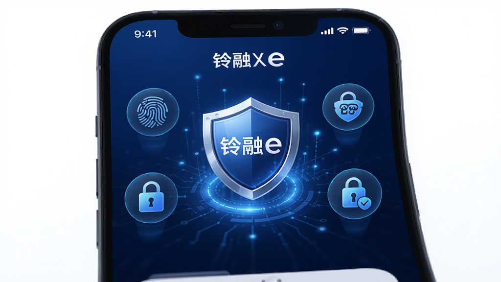 画面展示“铃融e”应用的安全中心界面,盾牌图标居中,周围环绕指纹识别、密码锁、加密传输等安全元素图标,背景为深蓝色,风格科技感十足,细节清晰,画质干净,无多余元素,高清渲染