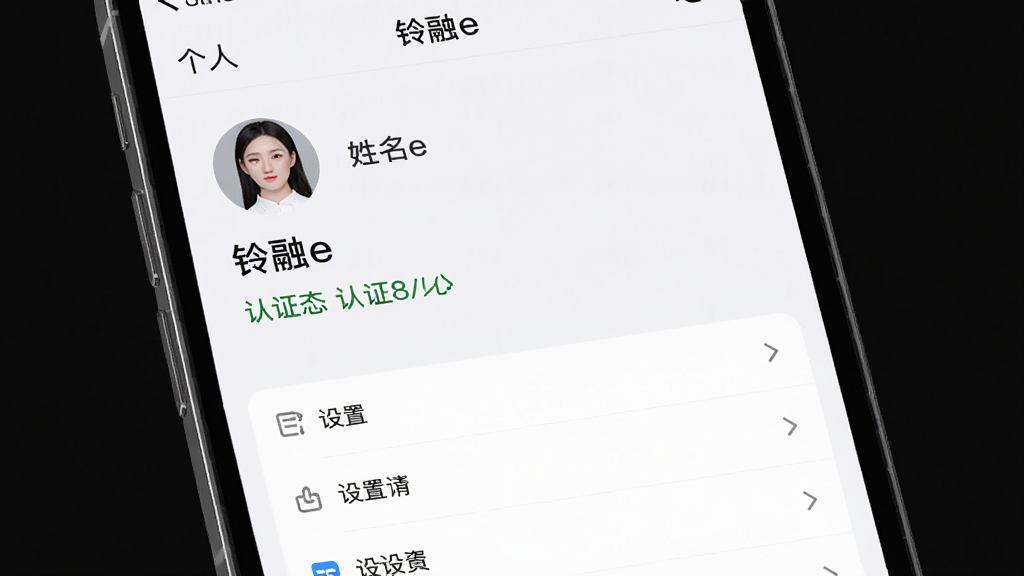 画面展示“铃融e”应用的个人中心界面,头像、姓名、认证状态等信息自上而下排列,下方为设置选项列表,背景为浅色,风格素雅极简,细节清晰,画质干净,无多余元素,高清渲染
