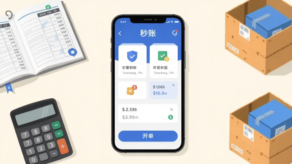 主体是一部智能手机,屏幕上显示“秒账”应用界面,布局为手机居中放置,背景是简洁的浅色桌面与账本、计算器、货箱等经营元素,排版干净整齐,风格为现代扁平化插画,细节包括清晰的图标、数据卡片和开单按钮,画质高清,干净,无多余元素