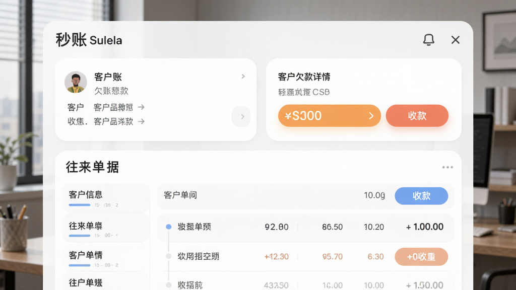 主体是“秒账”客户欠款详情页,布局为上方客户信息、下方往来单据列表,背景是安静的办公室一角,排版为卡片式列表,风格为柔和圆角设计,细节包括欠款金额高亮、收款按钮和时间轴,画质高清,干净,无多余元素