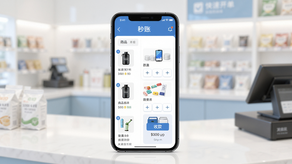 主体是手机屏幕展示“秒账”快速开单界面,布局为左侧商品列表、右侧开单表单,背景是明亮的店铺柜台场景,排版清晰有序,风格为写实UI风格,细节包括商品缩略图、数量加减按钮和收款方式图标,画质高清,干净,无多余元素