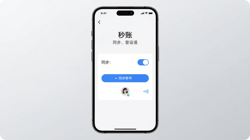 主体是手机屏幕显示“秒账”登录与同步设置页面,布局为手机居中,背景是简洁的浅灰色渐变,排版为上下结构,风格为极简科技风,细节包括同步开关、账号头像和网络状态图标,画质高清,干净,无多余元素