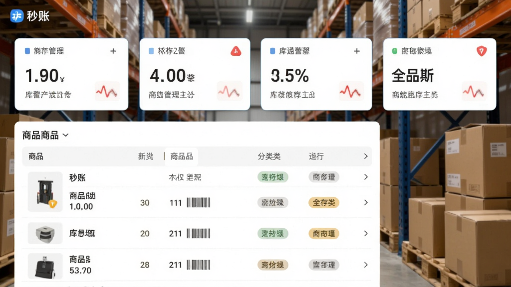 主体是“秒账”库存管理页面,布局为上方统计卡片、下方商品列表,背景是仓库货架与纸箱,排版为纵向信息流,风格为清爽商务风,细节包括库存预警标识、商品条码和分类标签,画质高清,干净,无多余元素