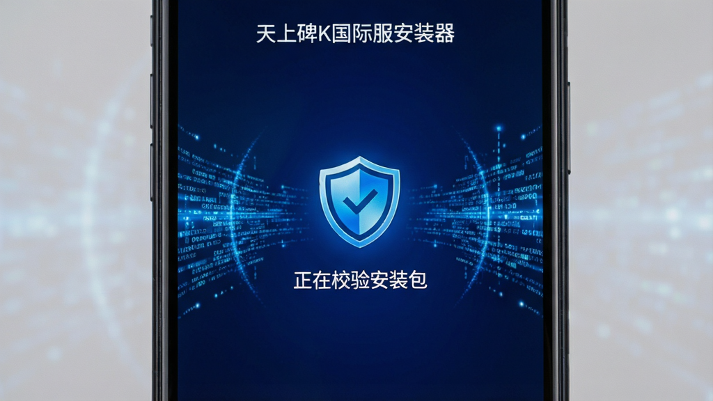 手机屏幕显示“天上碑K国际服安装器”的校验进度界面,中央有盾牌图标和“正在校验安装包”文字,背景为深蓝色,四周有数据流光效,风格安全科技,画质清晰,无多余元素