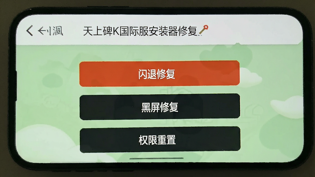 手机屏幕显示“天上碑K国际服安装器”的问题修复页面,页面上有“闪退修复”“黑屏修复”“权限重置”等选项,背景为浅绿色,风格简洁实用,画质干净,无多余元素