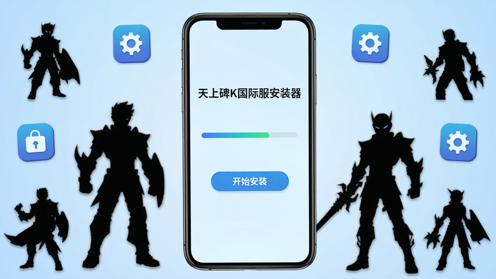 画面中央放置一部智能手机,手机屏幕上显示“天上碑K国际服安装器”的安装界面,界面中有进度条和“开始安装”按钮,背景是淡蓝色渐变,周围环绕着游戏角色剪影和安装图标,整体风格简洁科技感,细节清晰,画质干净,无多余元素