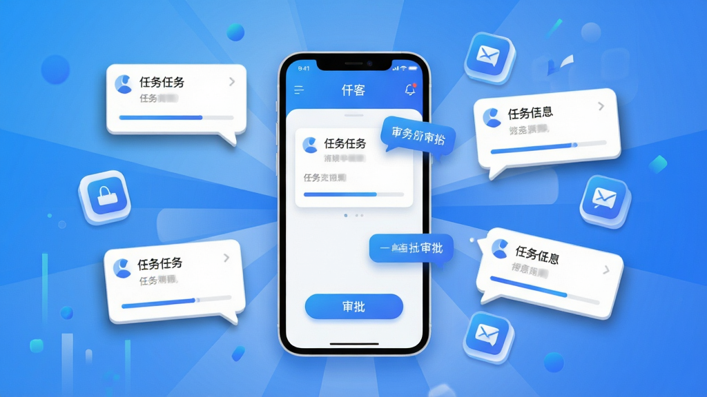 画面主体为“仟客”应用中的协同办公场景概念图,展示手机屏幕中任务卡片、审批按钮与消息气泡的交互界面。布局采用中心放射式,以手机为中心向外延伸出多个功能图标。排版活泼,图标错落有致。风格为科技感插画,色调以蓝色渐变与白色为主。细节上,消息气泡带有阴影,任务卡片带有进度条。画质高清,画面干净,无多余元素。