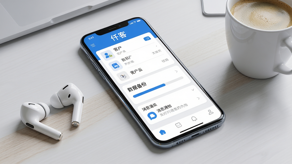 画面主体为一部智能手机,屏幕中显示“仟客”移动办公应用的主界面,界面包含客户列表、数据备份进度条与消息通知模块。手机放置在一张整洁的办公桌面上,旁边配有无线耳机与一杯咖啡。布局采用居中构图,手机略微倾斜展现屏幕内容。排版上,应用界面图标排列整齐,文字清晰可辨。风格为现代简约商务风,色调以蓝白为主,辅以浅灰背景。细节上,手机边框带有轻微反光,桌面木纹质感自然。画质高清,画面干净,无多余元素。