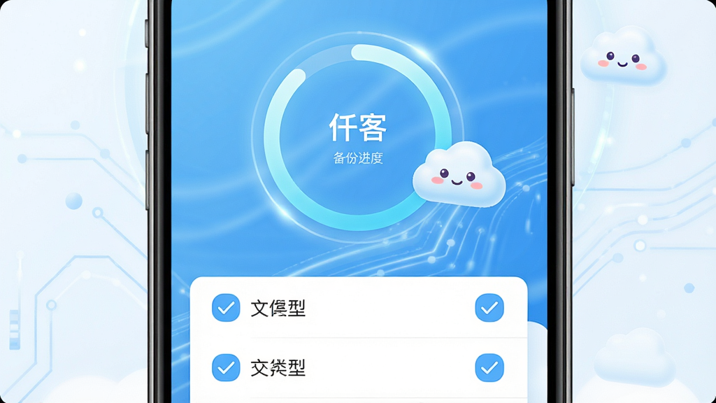 画面主体为“仟客”应用数据备份功能界面,展示手机屏幕中备份进度环、文件类型勾选框与云朵图标。布局采用上下结构,上方为进度展示,下方为选项列表。排版简洁,信息一目了然。风格为清新科技风,色调以天蓝与白色为主。细节上,进度环带有光晕效果,云朵图标圆润可爱。画质高清,画面干净,无多余元素。
