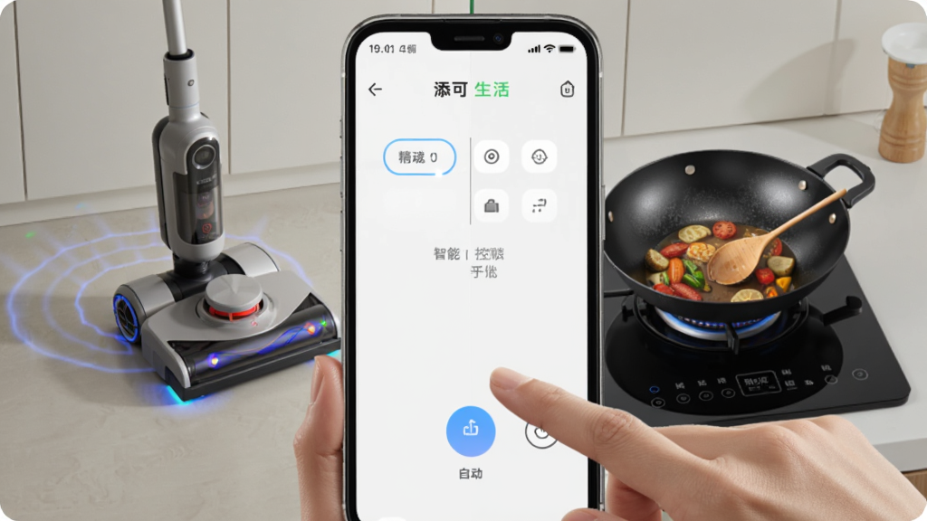 手机屏幕显示“添可生活”远程控制界面,画面中一只手正在点击手机上的启动按钮,背景左侧为洗地机正在工作的场景,右侧为智能炒菜锅烹饪画面,布局采用左右分屏,风格写实生活化,细节包含按钮高光、设备运行指示灯,画质高清干净,无多余元素