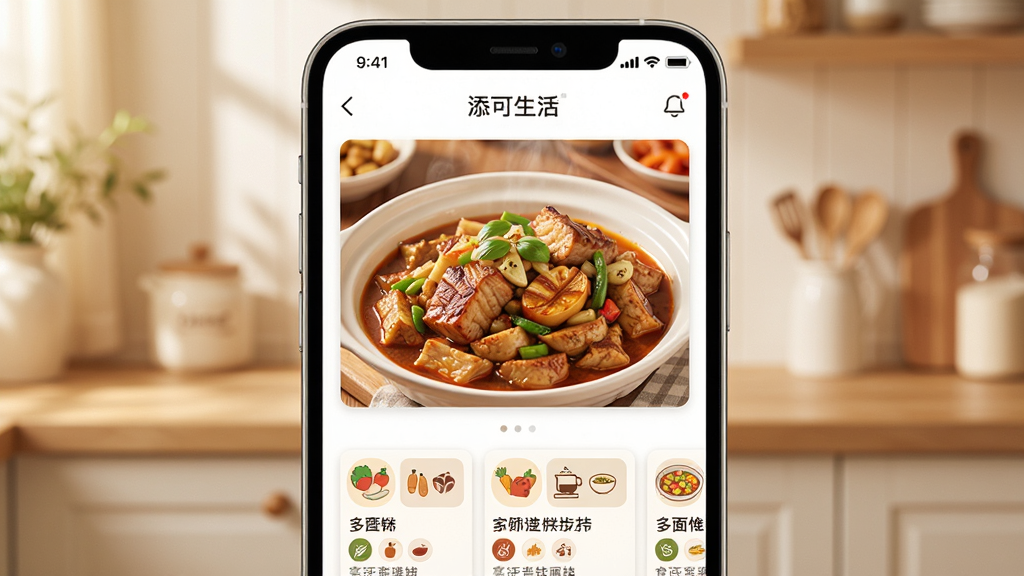 手机屏幕展示“添可生活”食谱界面,画面中央为一道色香味俱全的家常菜图片,下方排列多个食谱卡片,背景为温馨厨房场景,布局采用上下结构,风格清新暖色调,细节包含食材图标与烹饪步骤标签,画质高清干净,无多余元素