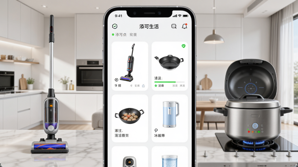 画面中央放置一部智能手机,屏幕上显示“添可生活”应用主界面,界面包含洗地机、炒菜锅、净水器设备卡片,背景为现代简约厨房与客厅融合场景,左侧展示洗地机,右侧展示智能炒菜锅,整体布局左右对称,采用清新明亮写实风格,细节包含设备图标、清洁进度条、状态指示灯,画质高清干净,无多余元素