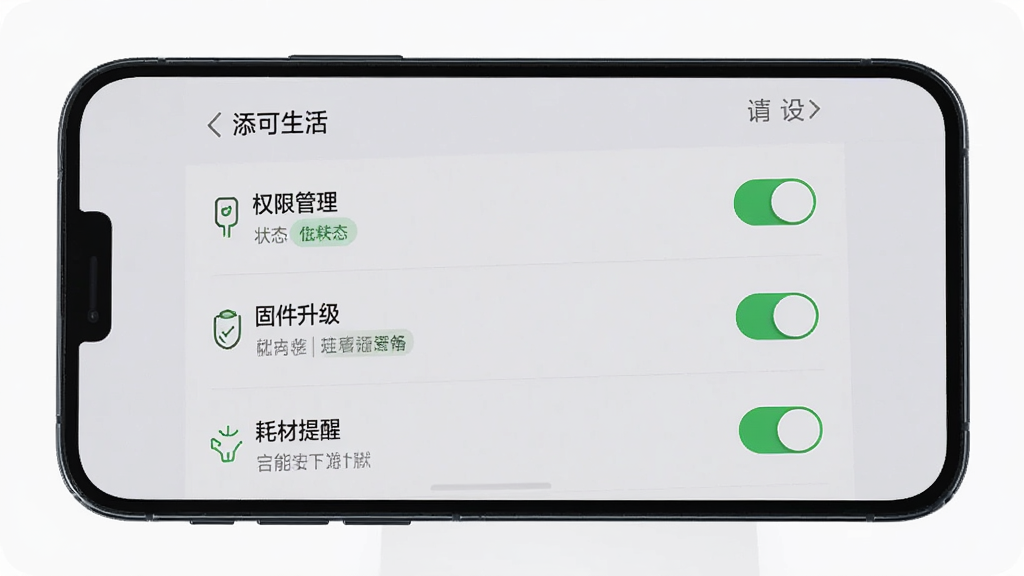 手机屏幕显示“添可生活”应用设置界面,画面中包含权限管理、固件升级、耗材提醒等选项,背景为淡灰色极简风格,布局采用列表排列,细节包含开关按钮与状态标签,画质高清干净,无多余元素