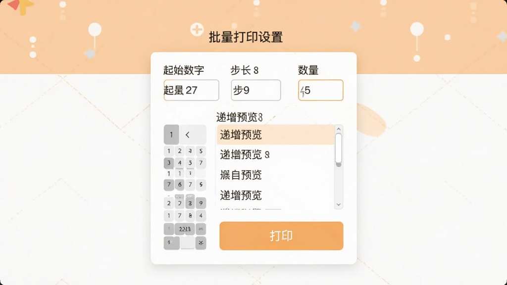 叮当小印应用内展示批量打印设置面板,面板中包含起始数字、步长、数量输入框和递增预览列表,背景为浅橙色与白色搭配,布局为居中卡片式设计,风格为扁平化工具界面,细节包含数字键盘图标和打印按钮,画质清晰整洁,无多余元素