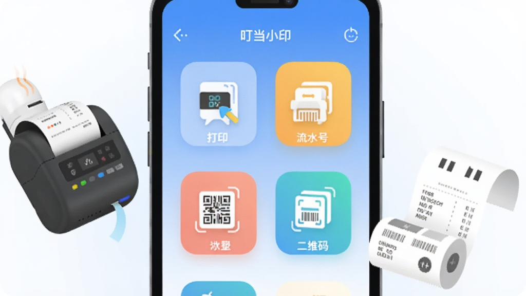 手机屏幕中央展示叮当小印应用主界面,界面内排列标签打印、流水号、二维码等图标按钮,背景为浅蓝色渐变,手机两侧漂浮热敏打印机和打印小票元素,整体布局简洁居中,风格为扁平化科技插画,细节包含圆角图标和轻微阴影,画质清晰干净,无多余元素