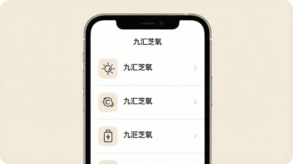 画面主体为手机屏幕特写,显示九汇芝氧的知识推送列表页,每一条内容配有简约图标与短标题,背景为淡米色。布局为居中构图,风格为扁平化UI展示,细节上屏幕边缘有圆角处理,列表项之间有浅灰色分割线,顶部显示应用名称“九汇芝氧”。画质清晰,干净,无多余元素。