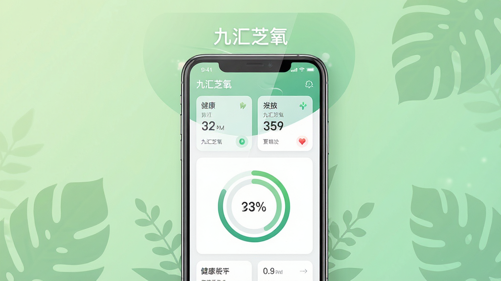 画面主体是一部智能手机,屏幕上显示着九汇芝氧应用的主界面,界面中包含健康数据卡片与圆形进度图表,布局简洁居中。背景为柔和的浅绿色渐变,点缀少量植物叶片剪影。整体排版为竖版海报构图,风格清新简约,细节上屏幕有轻微反光质感,应用名称“九汇芝氧”以白色字体显示在顶部。画质清晰,干净,无多余元素。