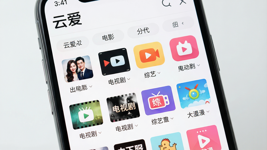 一张展示影视分类页面的手机截图风格图片,屏幕上方显示“云爱”应用名称,下方排列电影、电视剧、综艺、动漫等分类标签,每个分类下有小图标和文字说明,布局整齐网格化,风格清新明快,细节清晰,画质高清,干净无多余元素