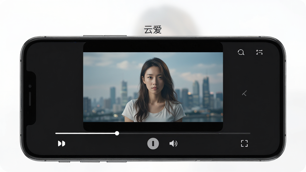 一张展示视频播放界面的手机图片,屏幕中间是正在播放的画面,底部有播放进度条、暂停按钮、音量图标和全屏按钮,屏幕上方显示“云爱”字样,背景是暗色播放器界面,风格简洁现代,细节清晰,画质高清,干净无多余元素