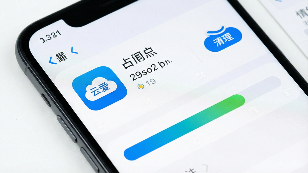 一张展示手机存储空间管理界面的图片,屏幕中显示“云爱”应用图标和占用空间大小,旁边有清理按钮和存储条,背景是浅色系统设置风格,布局清晰,风格简约实用,细节干净,画质高清,无多余元素